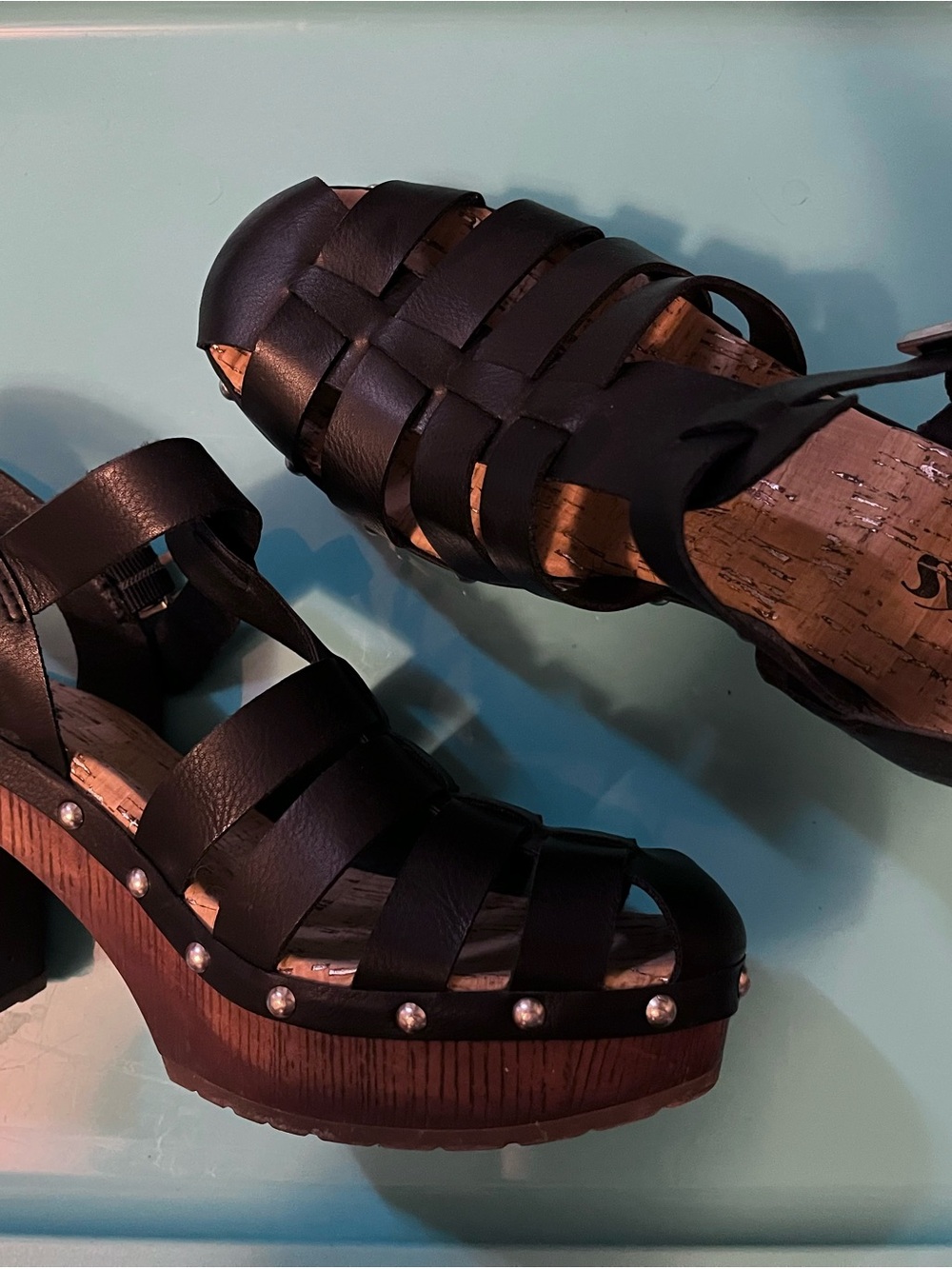 Kork-Ease Black Leather Platform Sandals with Stud Accents